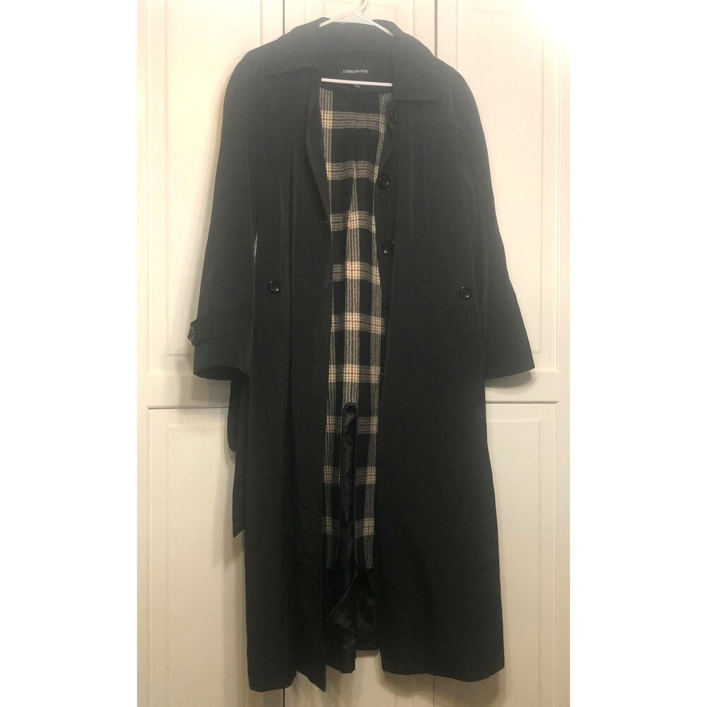 London Fog Women's Black Trench Coat with Removable Plaid Liner Size 10P Petite